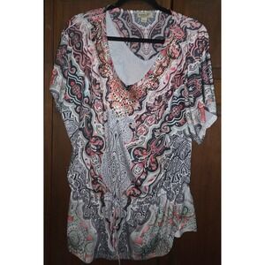 One World Women Pink Paisley Studded Sequin V-Neck Drawstring Tunic Top Large